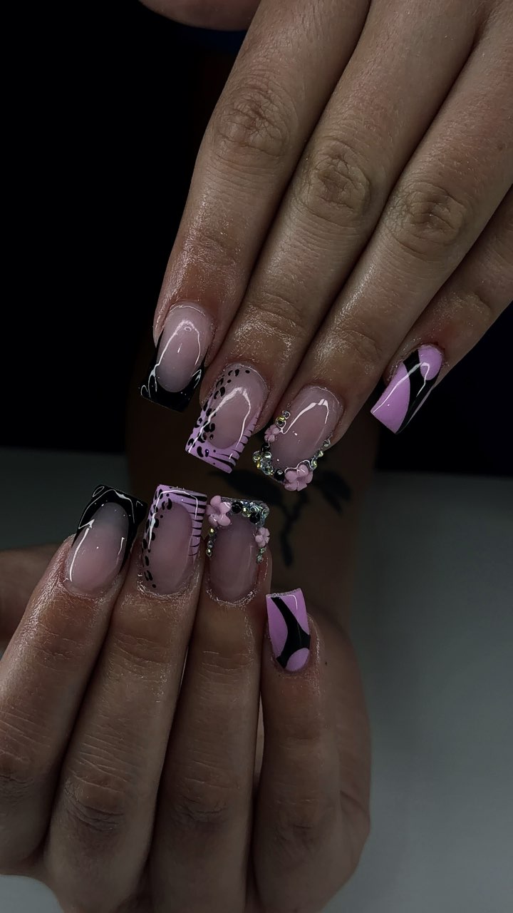 Pink and black hand-painted nail set by Juliee